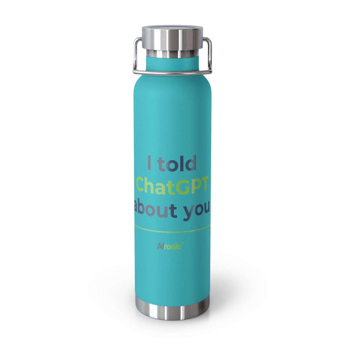 Mint Green Water Bottle featuring "I Told ChatGPT About You" AI humor design by AIronic, gallery view 6