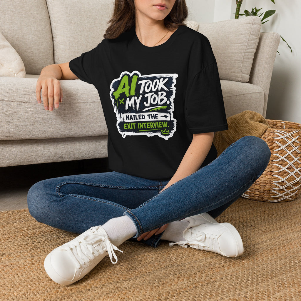 T-Shirt featuring "AI Took My Job - Nailed Exit Interview" AI humor design by AIronic, gallery view 16