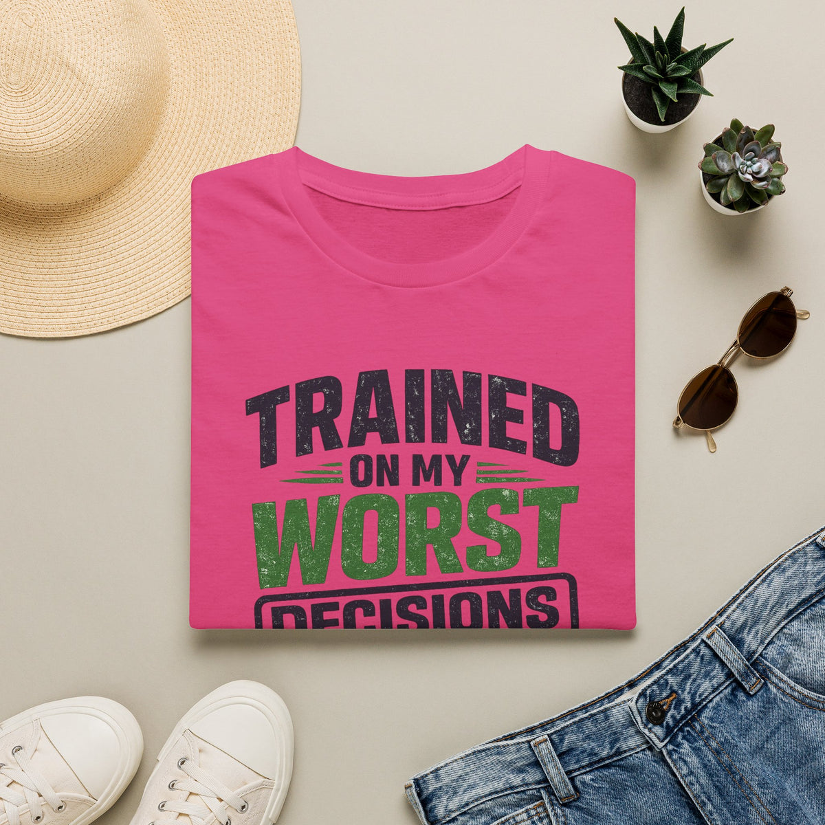 Heliconia T-Shirt featuring "Trained on My Worst Decisions Fitness" AI humor design by AIronic, gallery view 11