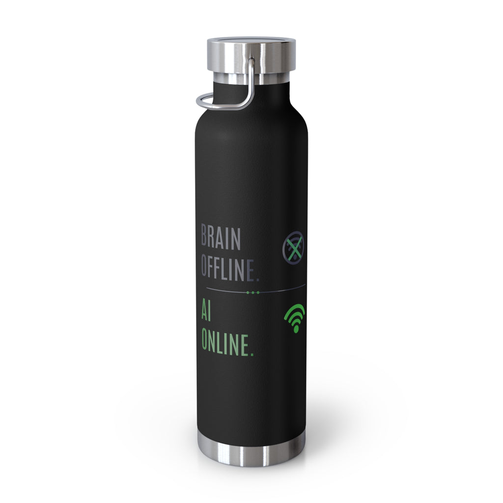 Black Water Bottle featuring "Brain Offline, AI Online" AI humor design by AIronic, gallery view 4