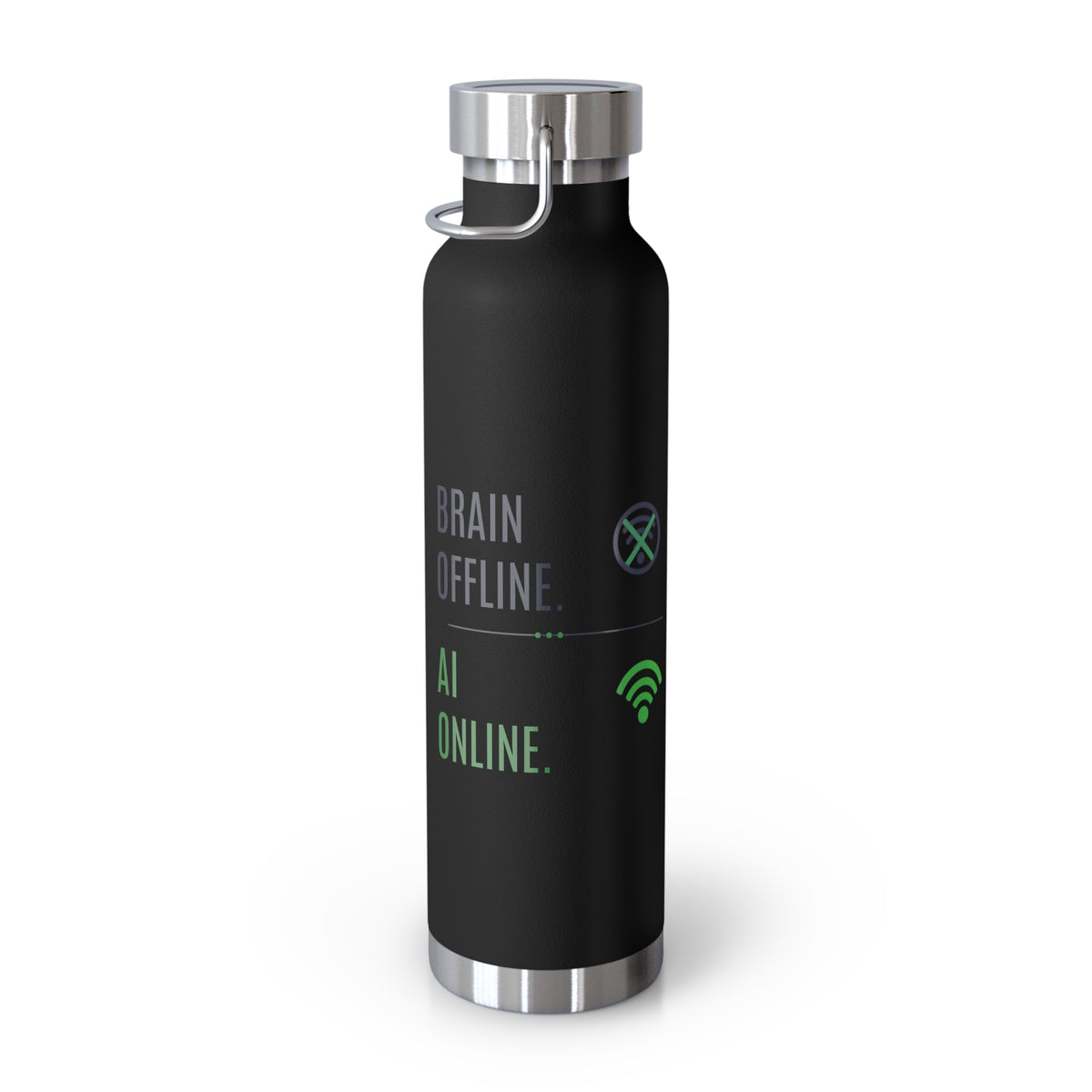 Black Water Bottle featuring "Brain Offline, AI Online" AI humor design by AIronic, gallery view 4