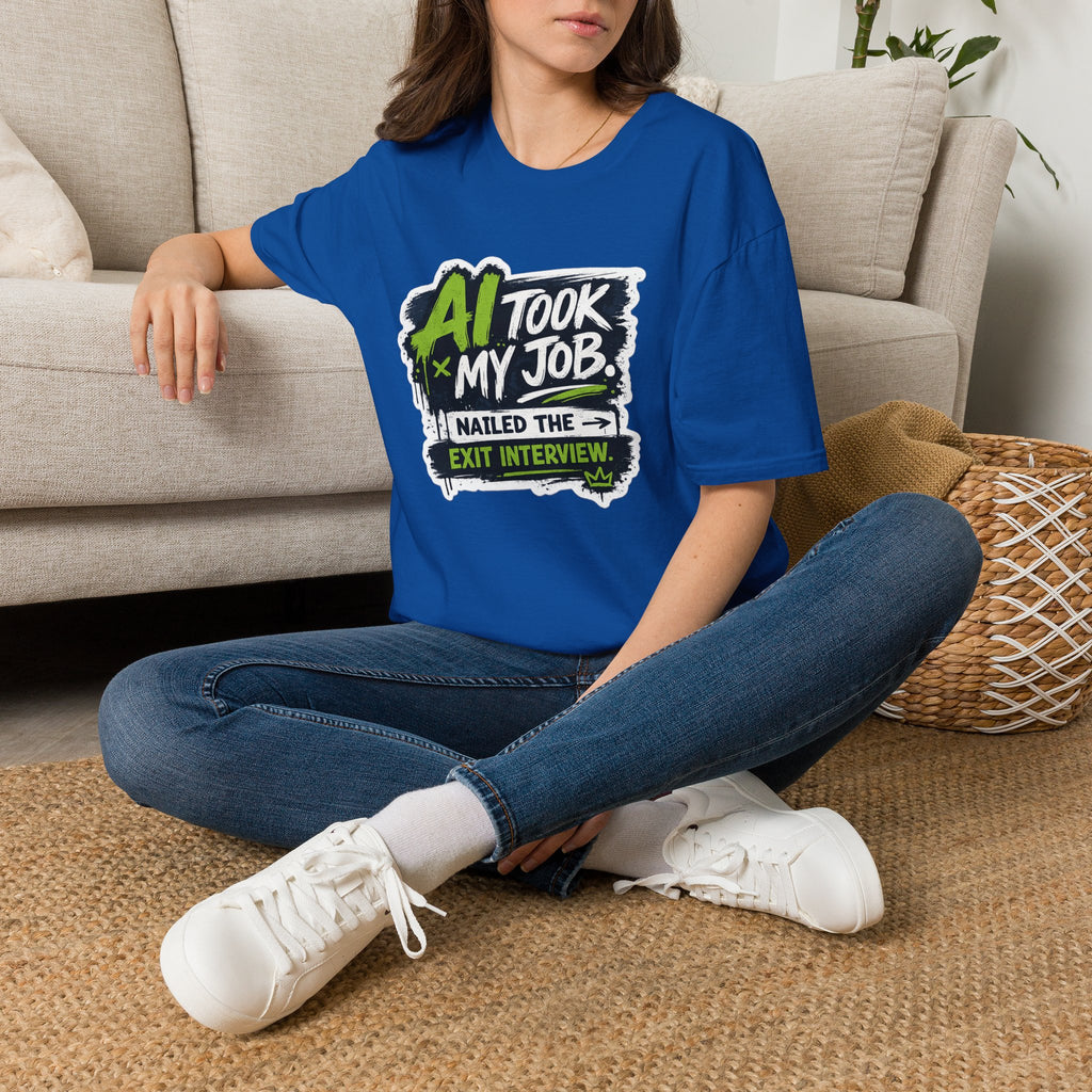 T-Shirt featuring "AI Took My Job - Nailed Exit Interview" AI humor design by AIronic, gallery view 34