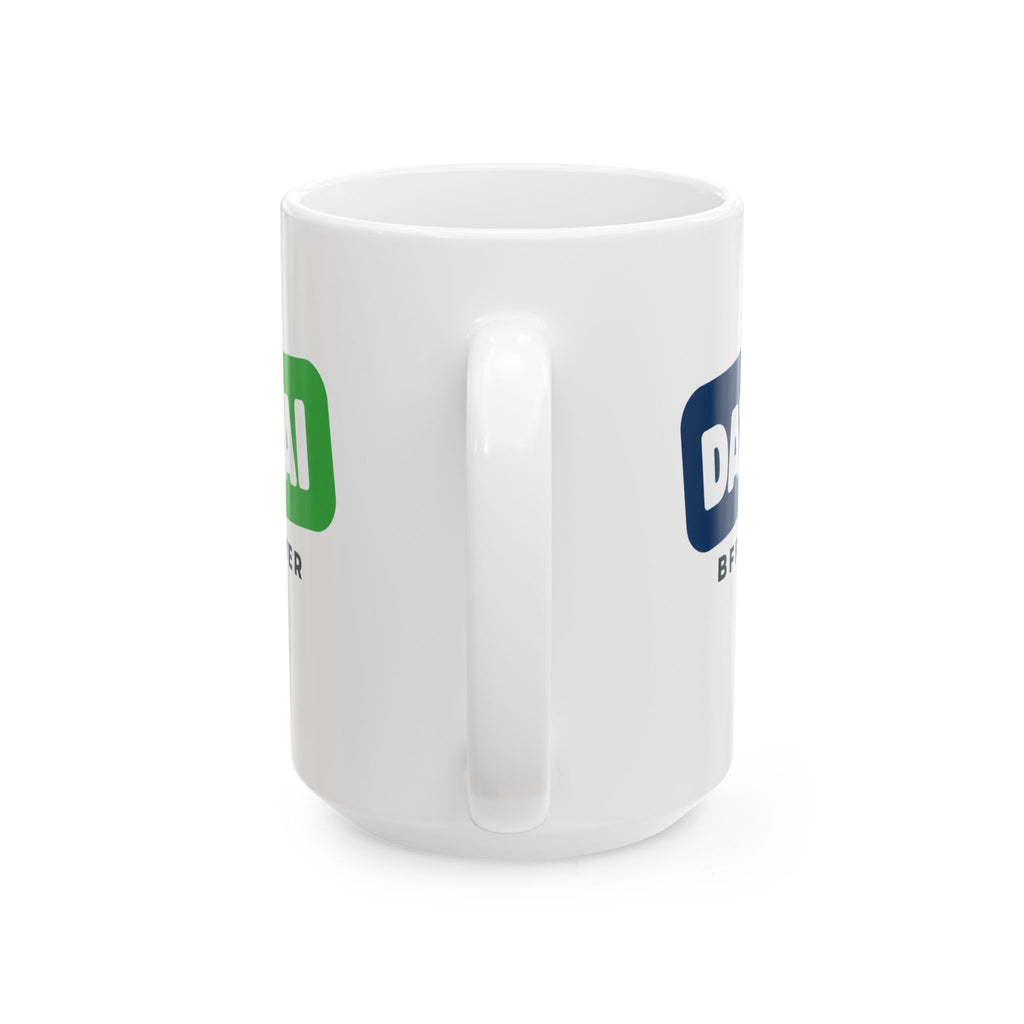White 15oz mug featuring "Data + AI, BFFs Forever" AI humor design by AIronic, back view with handle centered