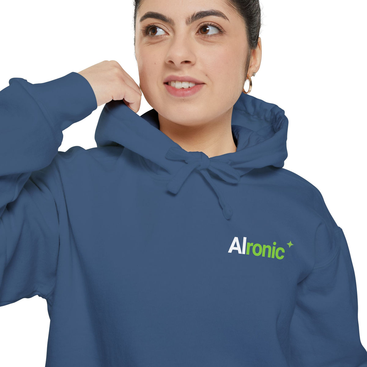 White hoodie featuring “I asked AI. AI asked why” AI humor design by AIronic, catalog view 5