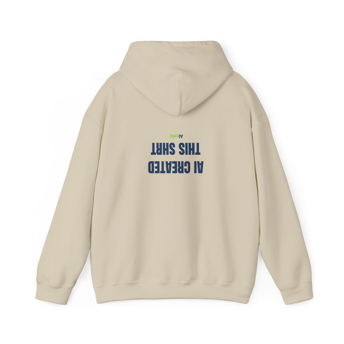 Dark Heather hoodie featuring minimal “AI created this shirt” AI humor design by AIronic, catalog view 2