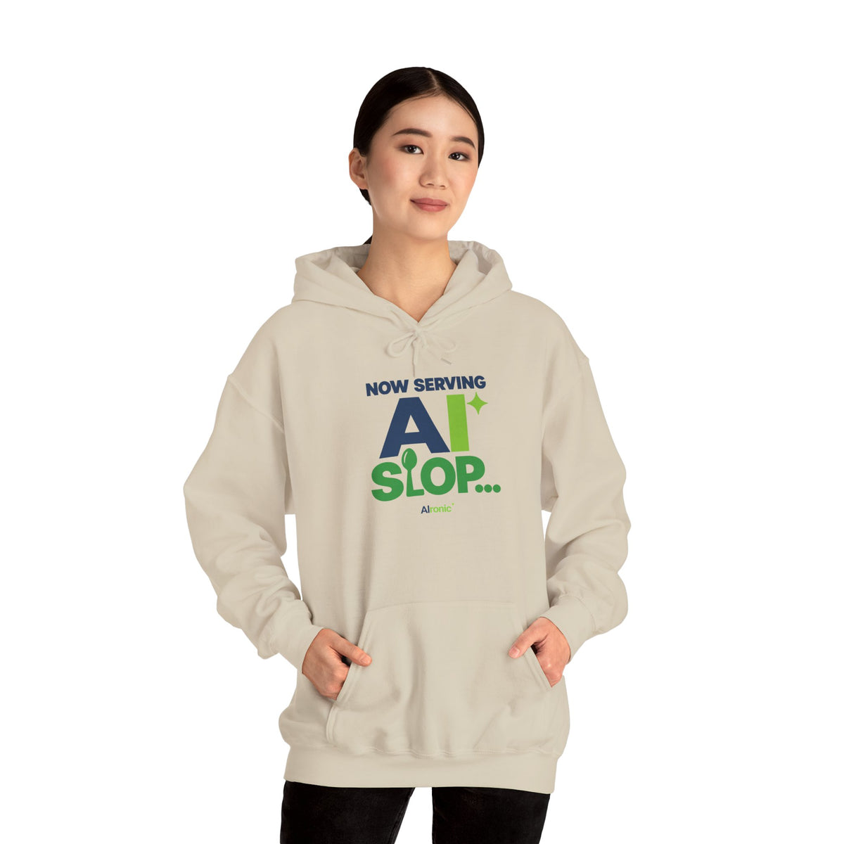AIronic hoodie featuring "Now Serving AI Slop" AI humor design, gallery view 21