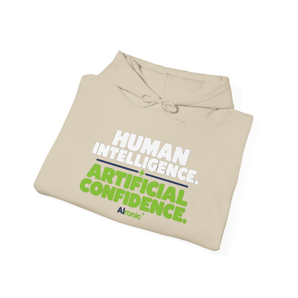 Hoodie featuring "Human Intelligence. Artificial Confidence." AI humor design by AIronic, gallery view 16