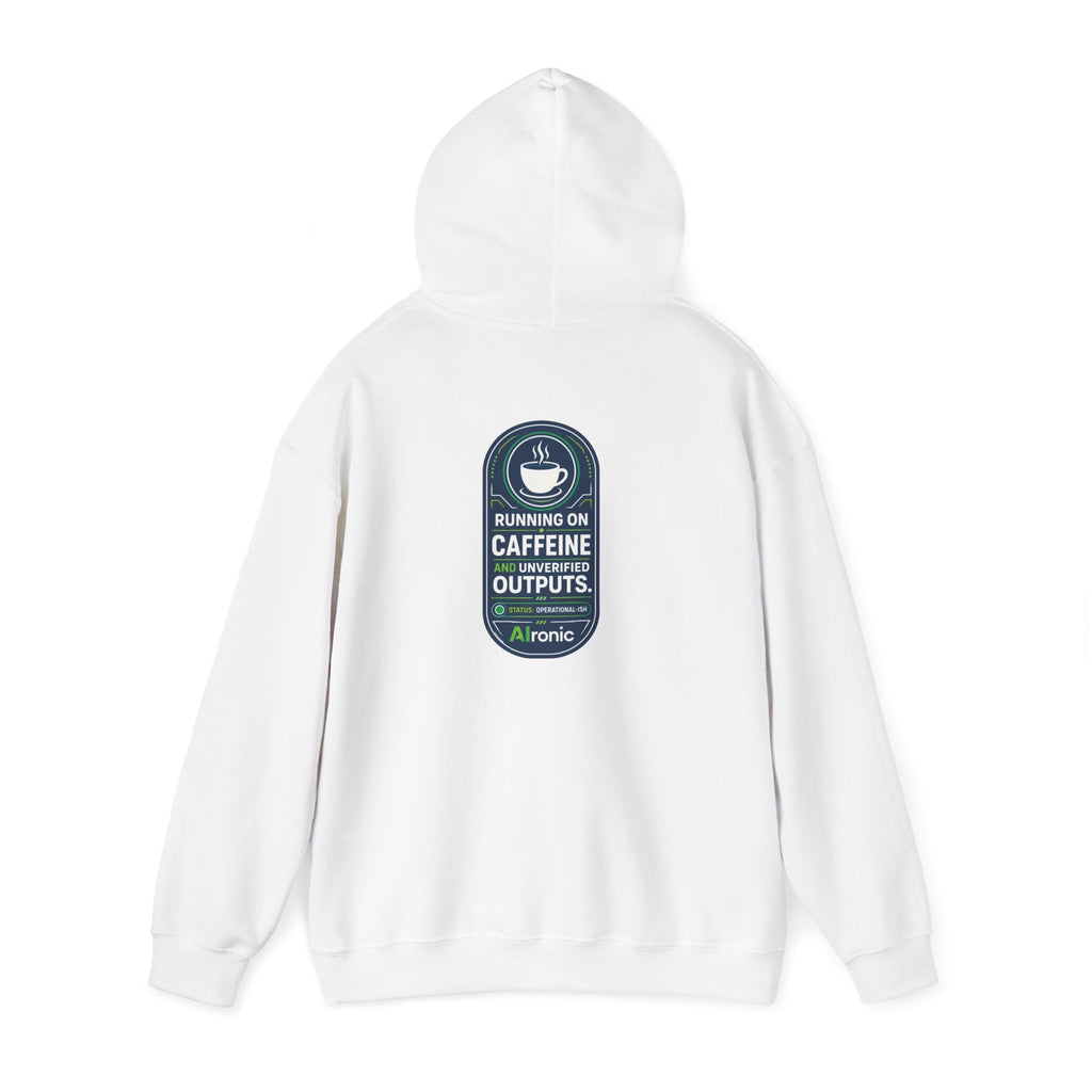 Hoodie featuring “Running on Caffeine, Unrivaled Outputs” AI humor design by AIronic, gallery view 14
