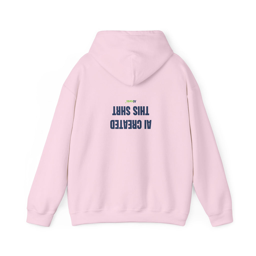 Dark Heather hoodie featuring minimal “AI created this shirt” AI humor design by AIronic, catalog view 4