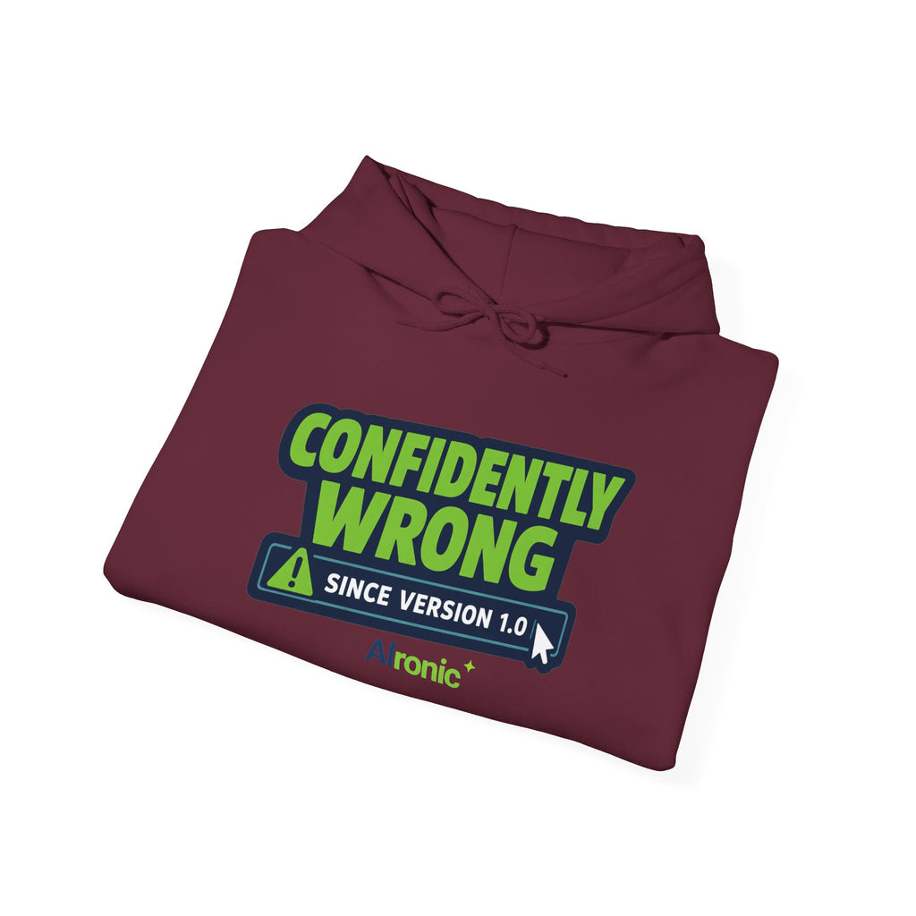 Hoodie featuring “Confidently Wrong Since Version 1.0” AI humor design by AIronic, gallery view 27
