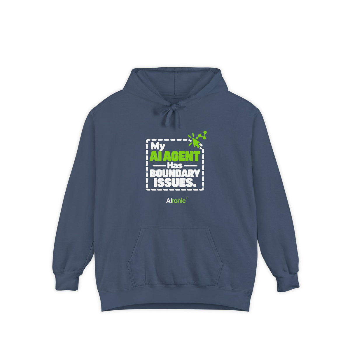 Denim hoodie featuring “My AI agent has boundary issues” AI humor design by AIronic, catalog view 1