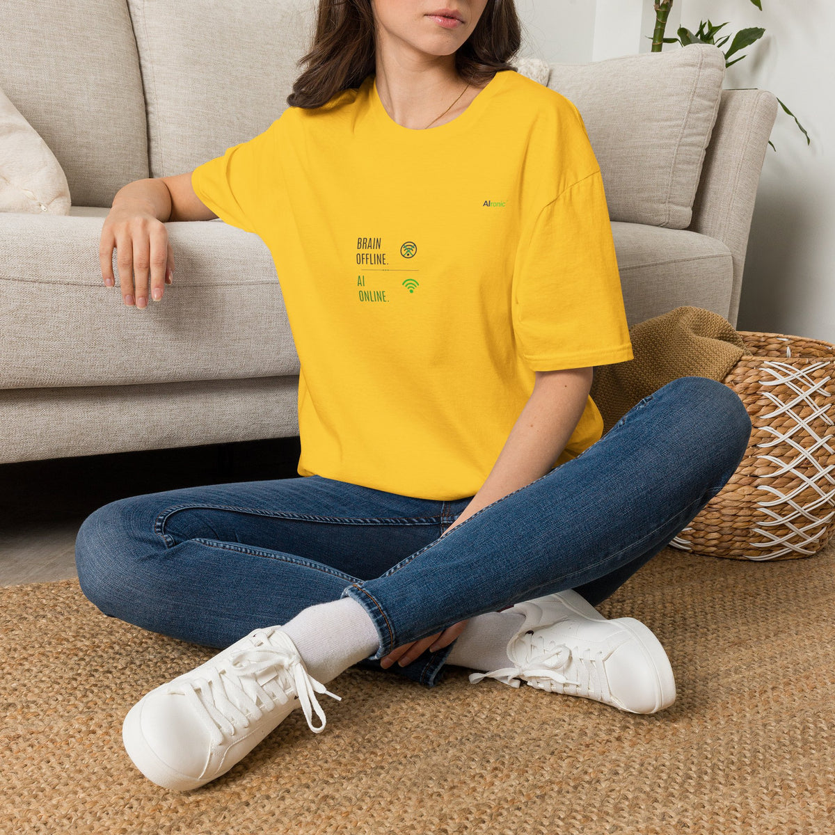 T-Shirt featuring "Brain Offline, AI Online" AI humor design by AIronic, gallery view 31