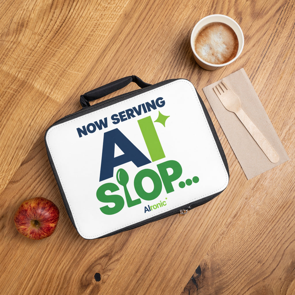 AIronic lunch bag featuring "Now Serving AI Slop" AI humor design, gallery view 2