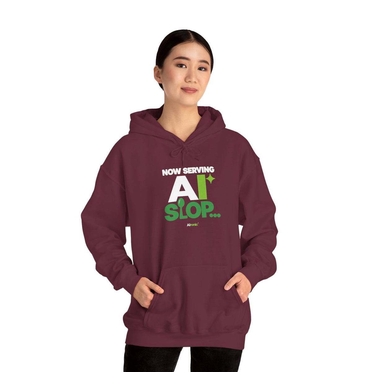 AIronic hoodie featuring "Now Serving AI Slop" AI humor design, gallery view 27