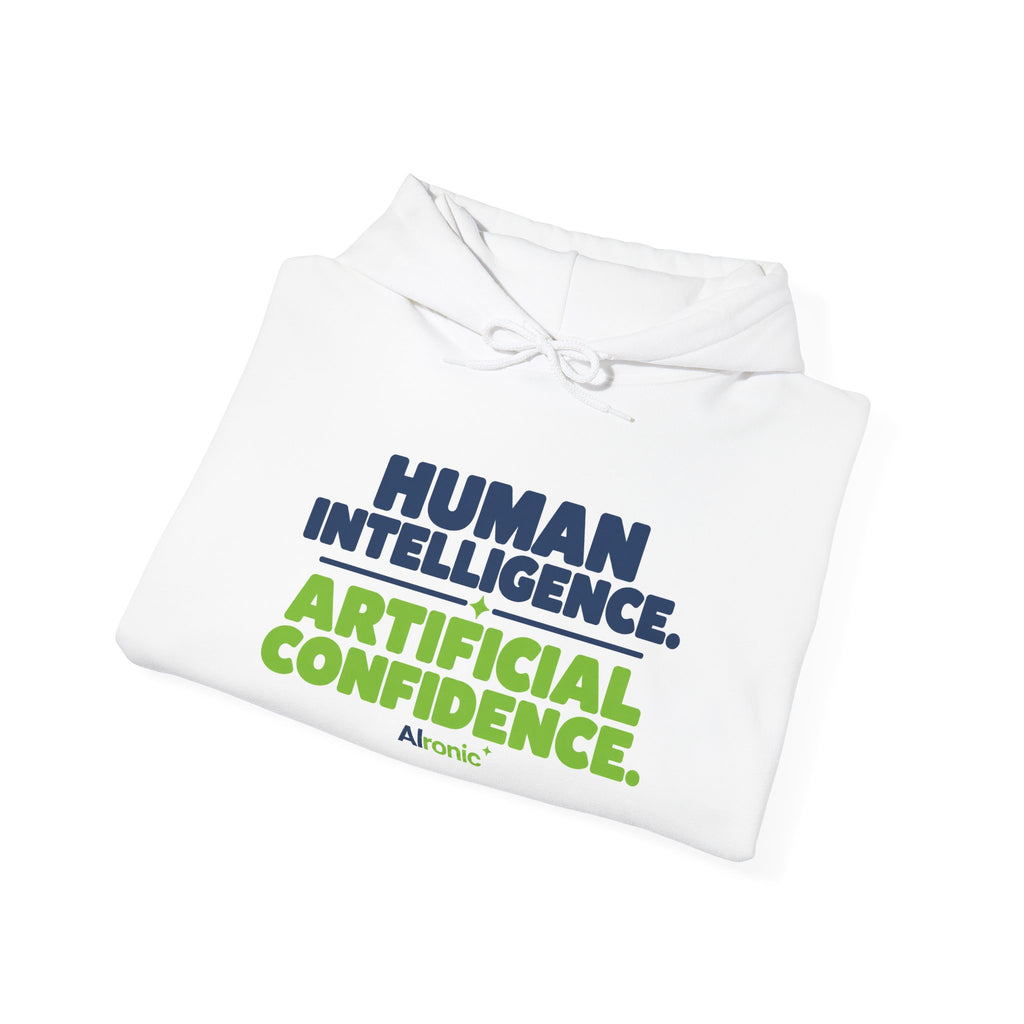 Hoodie featuring "Human Intelligence. Artificial Confidence." AI humor design by AIronic, gallery view 13