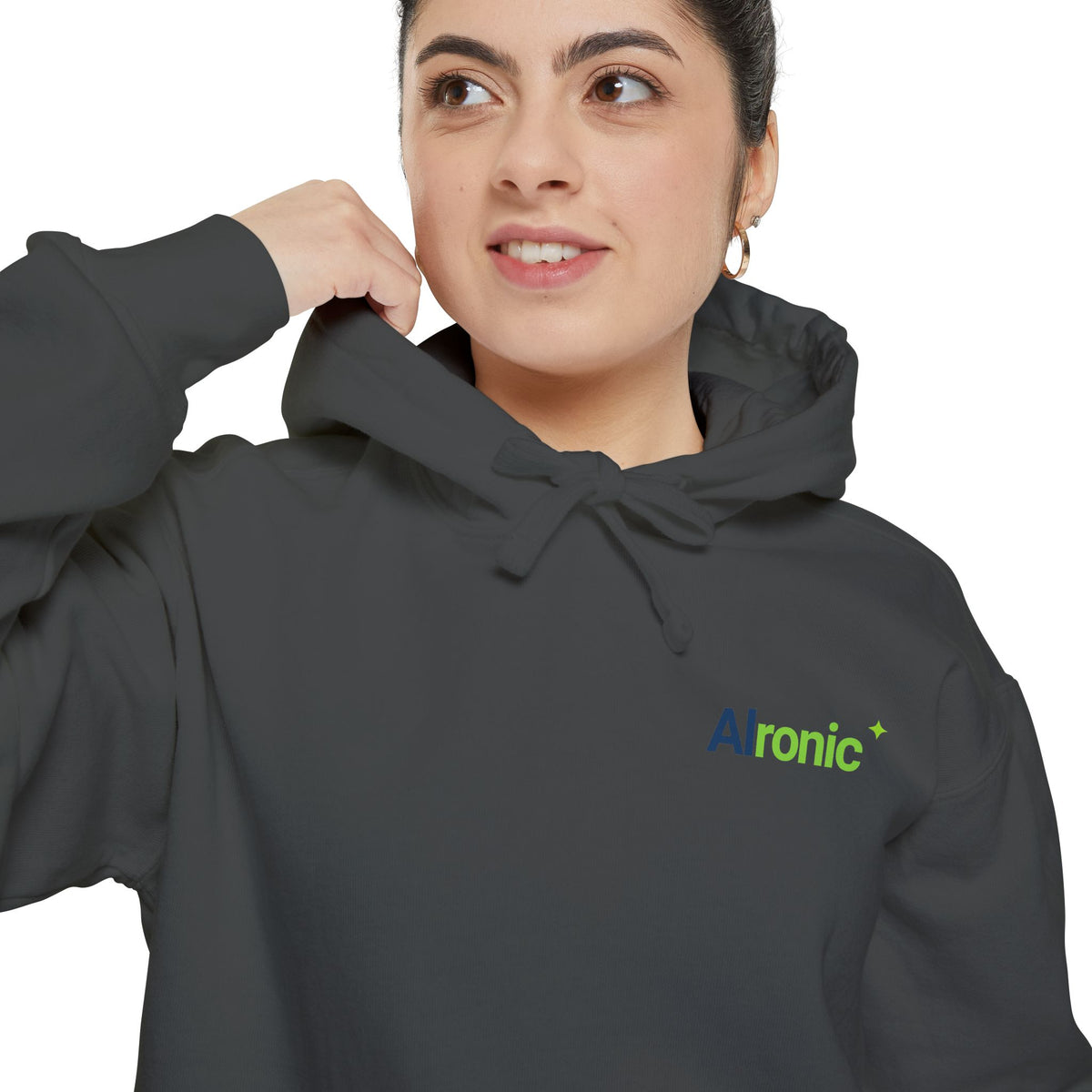 Flo Blue hoodie featuring “I asked AI. AI asked why” AI humor design by AIronic, catalog view 2