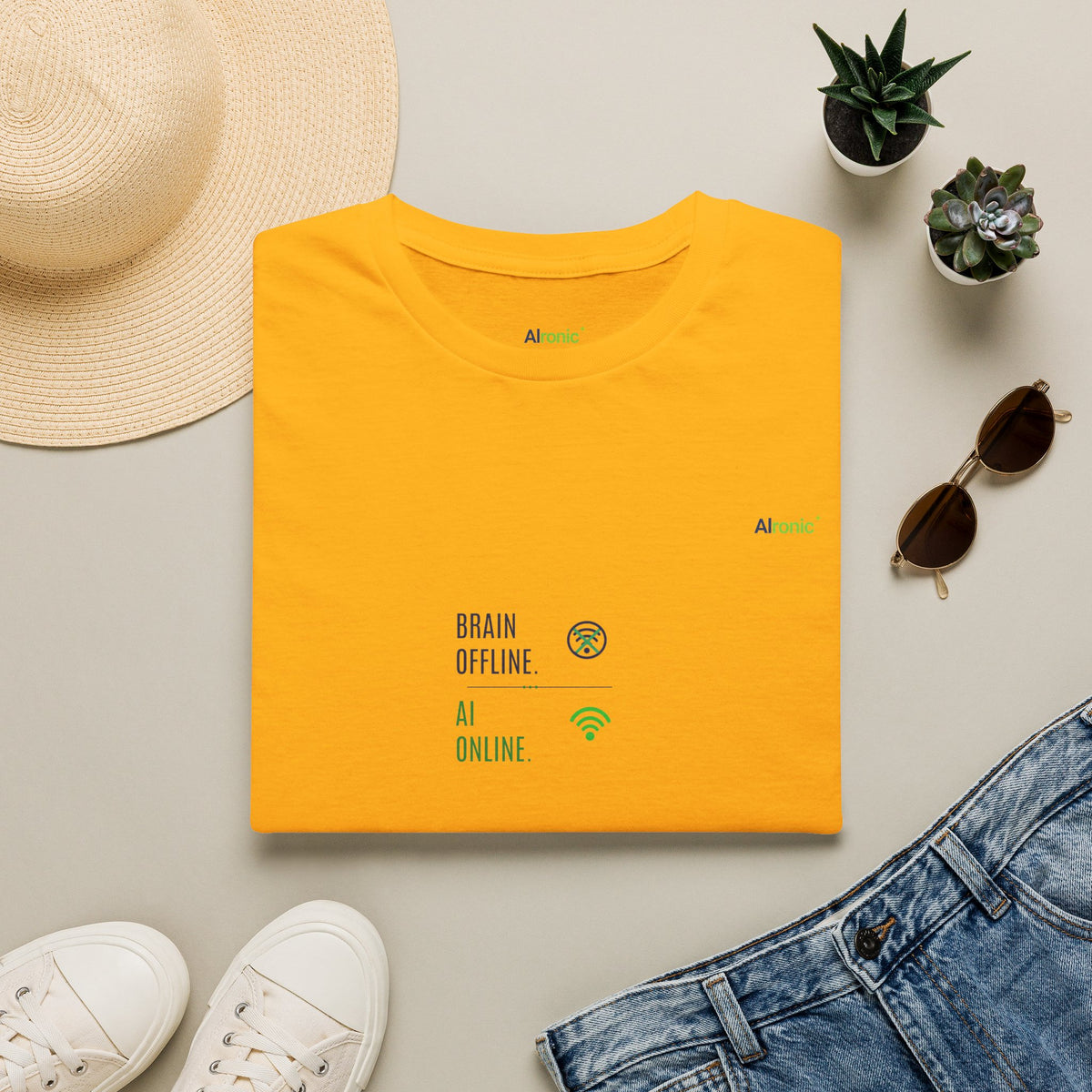 Gold T-Shirt featuring "Brain Offline, AI Online" AI humor design by AIronic, gallery view 5