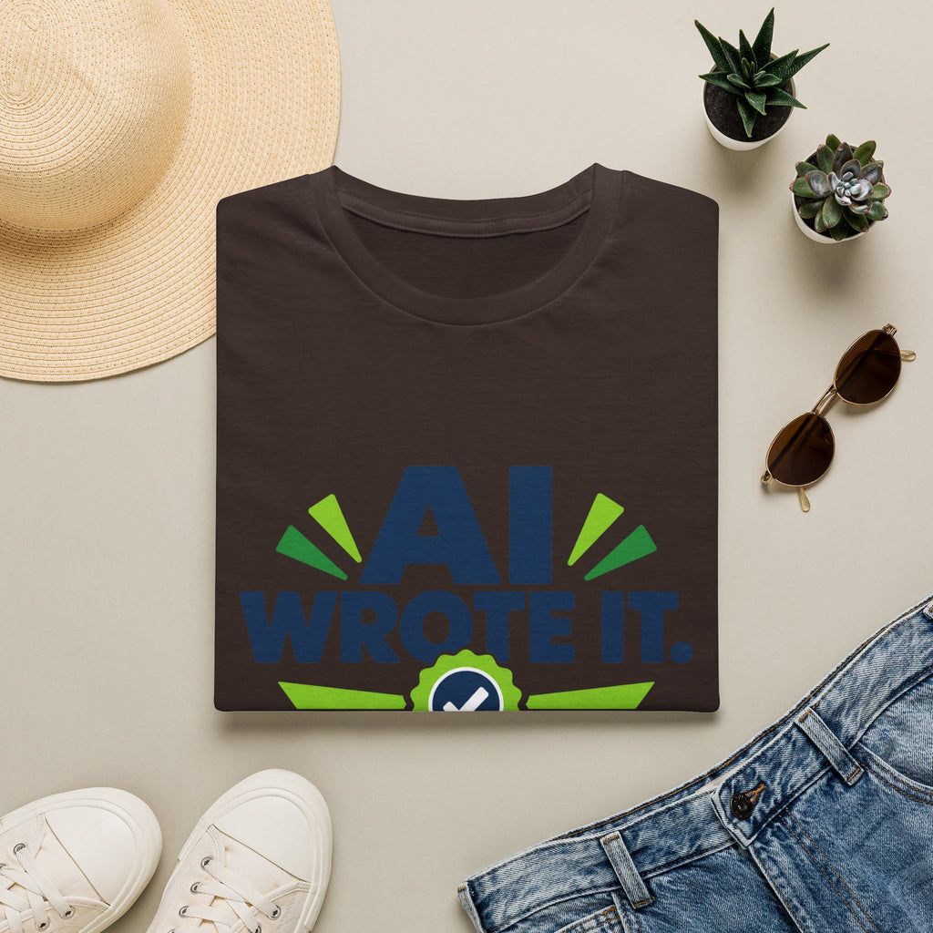 Dark Chocolate T-Shirt featuring "AI Wrote It. I Took the Credit." AI humor design by AIronic, gallery view 4