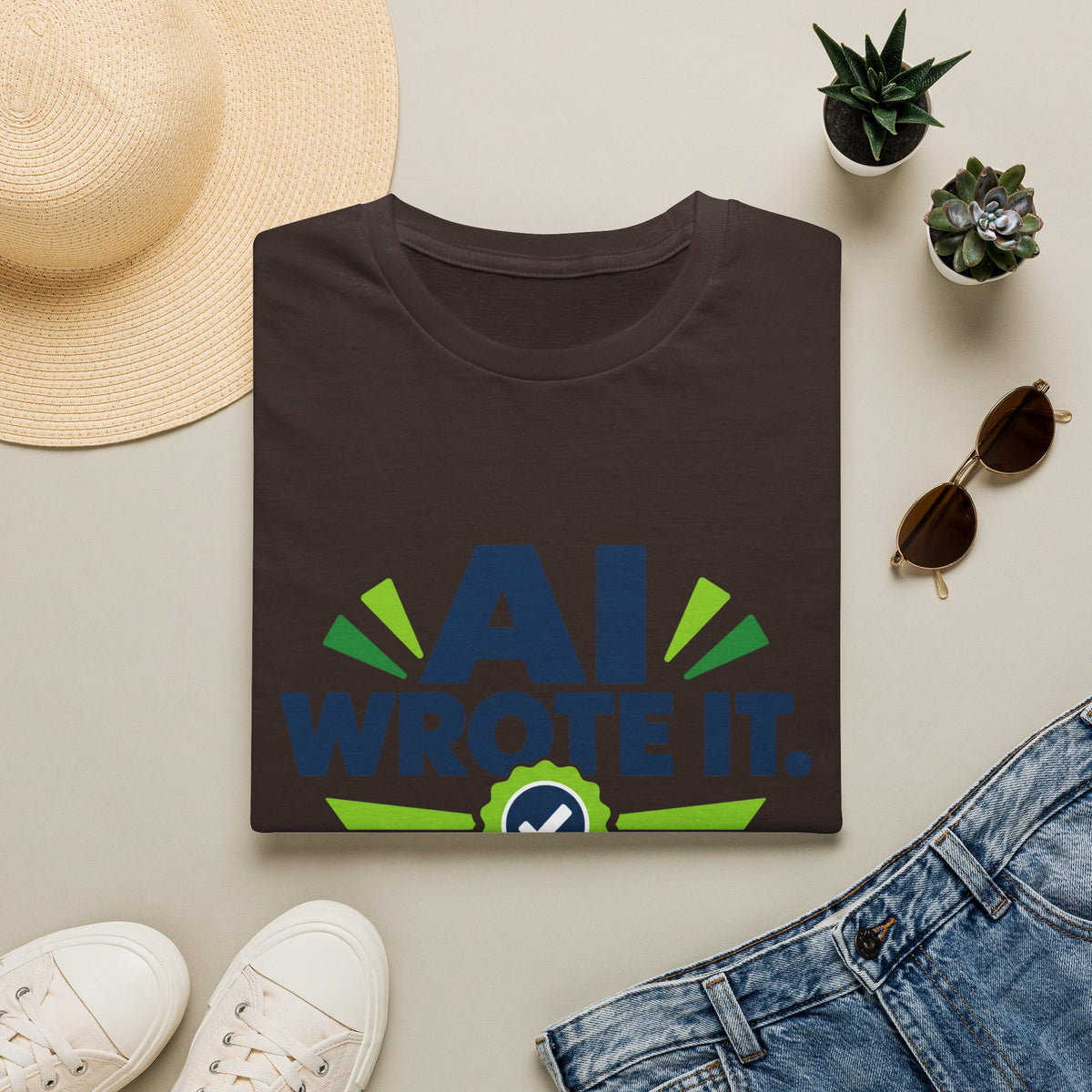 Dark Chocolate T-Shirt featuring "AI Wrote It. I Took the Credit." AI humor design by AIronic, gallery view 4