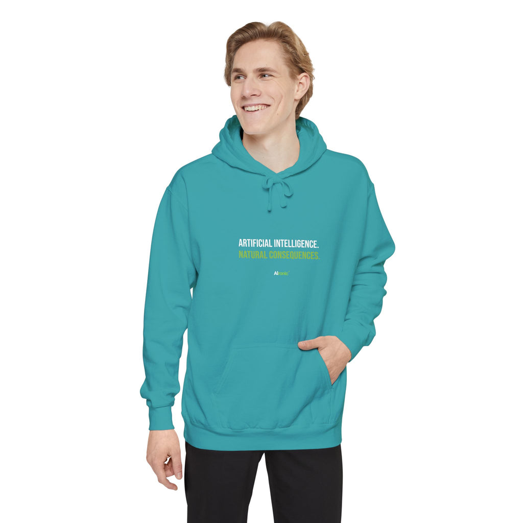 True Navy hoodie featuring “Artificial intelligence. Natural consequences.” AI humor design by AIronic, catalog view 4